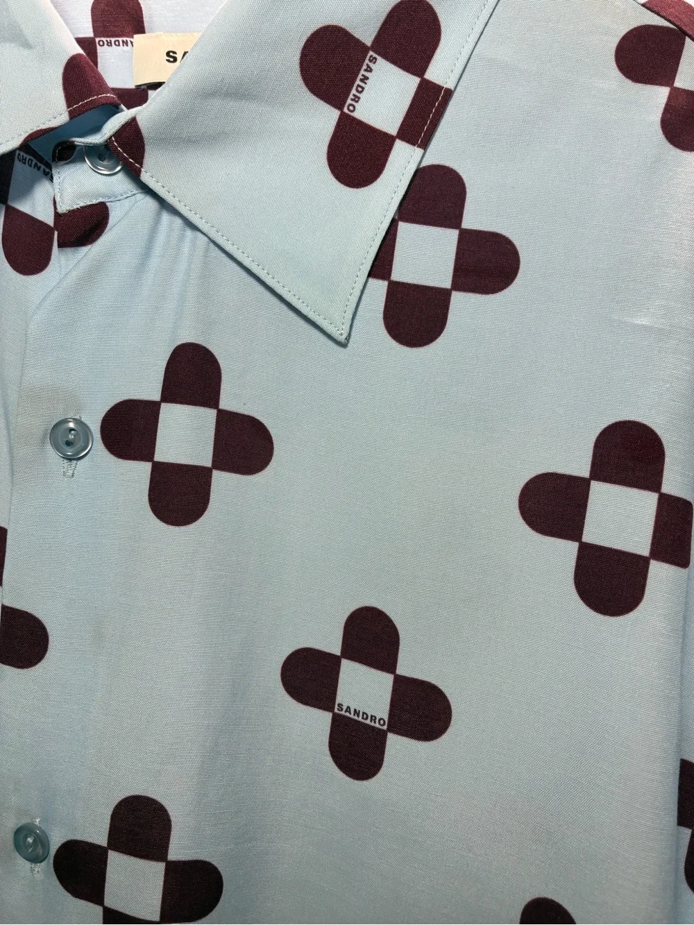 Sandro Light Blue Short-Sleeve Button-Down with Burgundy Geometric Print